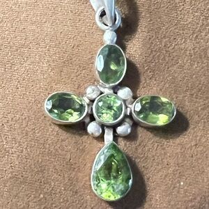 Green Gemstone Cross Pendant Necklace - Sterling Silver
